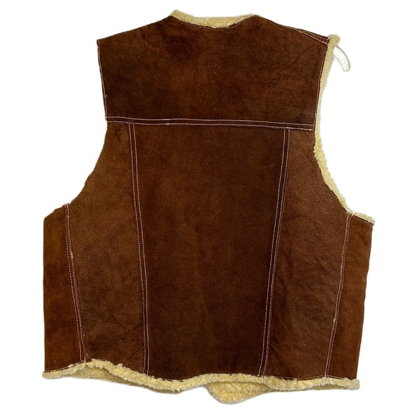 Vintage Genuine Suede Leather Faux Sherpa Vest Snaps Pockets Brown Unisex Large - Picture 2 of 16